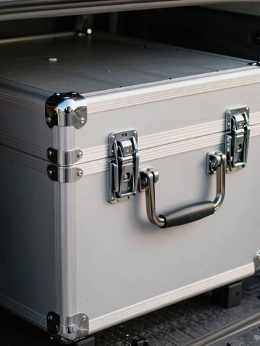 Close-up of a secure, pristine aluminum transport case locked inside a premium vehicle compartment, dramatic lighting, sharp details.