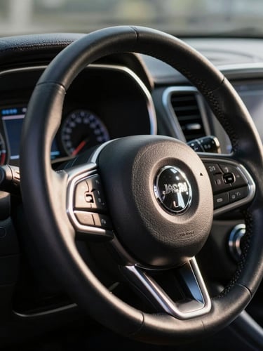 Tight cinematic close-up of a polished black Jeep Compass leather steering wheel and clean digital dashboard, dramatic high-contrast morning light, shallow depth of field, reflecting absolute corporate discipline.