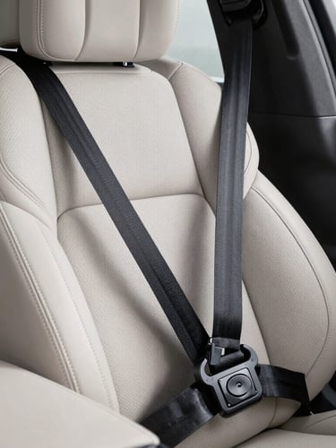 Close-up of a premium SUV leather seat with a secure, professional pet safety harness system, clean minimalist interior, soft natural lighting