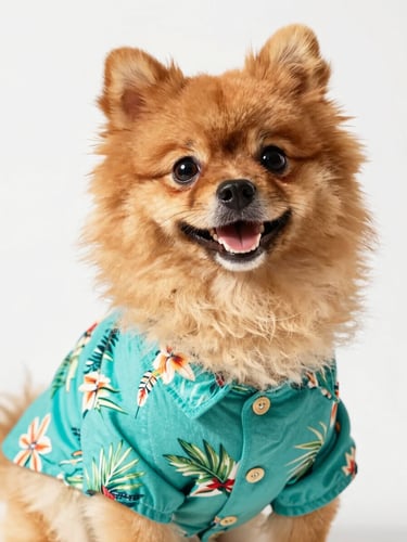 A happy fluffy Pomeranian dog wearing a bright teal tropical shirt, looking directly at the camera with a joyful expression, warm natural daylight, eye-level pet portraiture