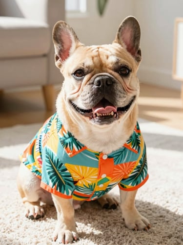 Bright high-key lifestyle photography of a happy, unique-sized French Bulldog wearing a colorful custom-fit tropical shirt, sitting comfortably on a sunny living room rug, looking up at the camera, warm natural daylight.