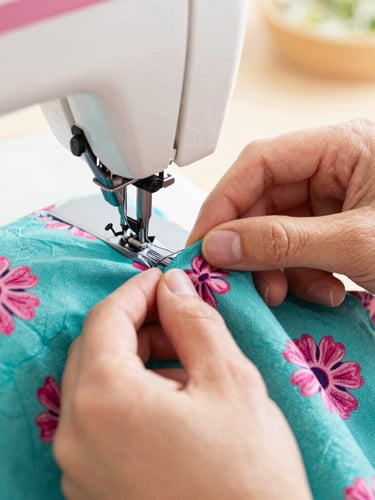 Close-up of artisan hands carefully stitching a vibrant teal fabric with pink floral patterns, sewing machine in soft focus, bright natural light, showing the premium handmade quality
