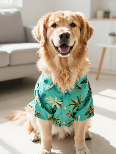 A happy fluffy golden retriever wearing a bright teal tropical shirt, sitting in a sunlit living room, looking directly at the camera with a joyful expression, high-key natural daylight