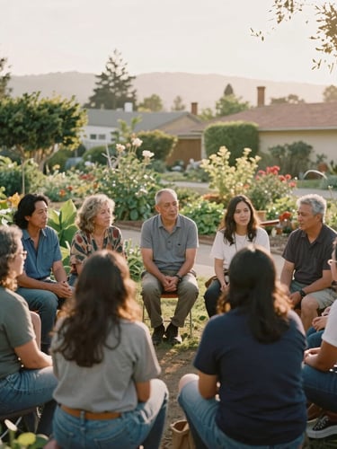 A portrait shot of diverse neighbors sitting in a circle in a sunlit community garden in California, sharing stories under soft golden-hour light