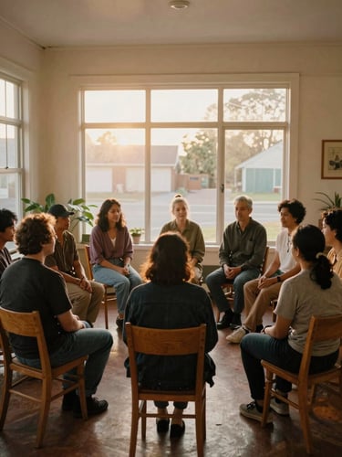 A quiet sunlit community room in Oakland, diverse neighbors sitting in a circle of wooden chairs, warm golden-hour light streaming through a large window, 35mm film style.