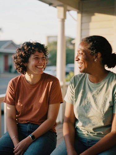 A warm editorial portrait of two community organizers laughing together on a sunlit neighborhood porch in Oakland, soft golden-hour light, rich terracotta and sage tones, 35mm film style.