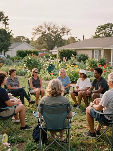 Wide environmental shot of a diverse group of neighbors sitting in a circle on folding chairs in a warm, sunlit community garden, sharing stories, soft overcast daylight, 35mm film style.