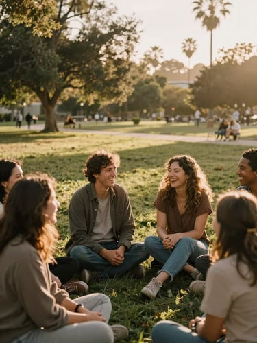 A warm environmental portrait of diverse community members laughing together in a sunlit California park, soft golden-hour light, rich earthy tones, authentic human connection, 35mm film style.