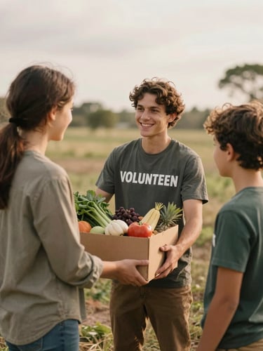 A warm, candid photo of a community volunteer handing a fresh box of local produce to a smiling family outdoors, soft overcast daylight, natural earth tones.