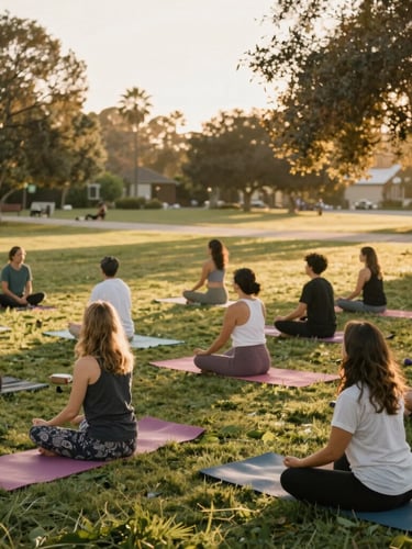 Medium-wide environmental shot of diverse neighbors participating in a gentle morning yoga session in a sunny California park, soft golden-hour light, warm editorial style.