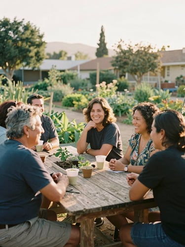 A warm, natural golden-hour photo of diverse neighbors talking and laughing around an outdoor wooden table in a California community garden, 35mm film style.