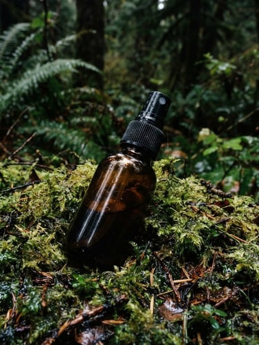 Macro close-up of amber spray bottle resting on damp mossy forest ground, overcast daylight, deep forest green background, 35mm film style