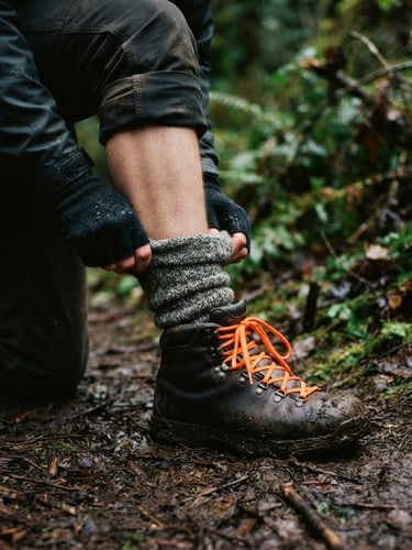 Macro shot of a hiker adjusting high wool socks on a muddy trail, deep forest green foliage, safety orange boot laces, overcast damp daylight, 35mm film.