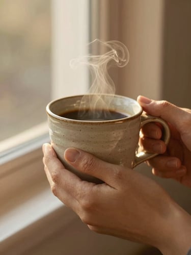Close-up of warm hands holding a steaming ceramic mug of coffee, soft golden-hour window light, tactile stoneware texture visible, 35mm