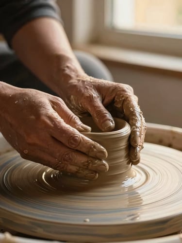 Close-up of potter's hands shaping wet terracotta clay on a spinning wheel, soft warm golden-hour window light, water droplets, tactile ceramic texture, shallow depth of field, 35mm