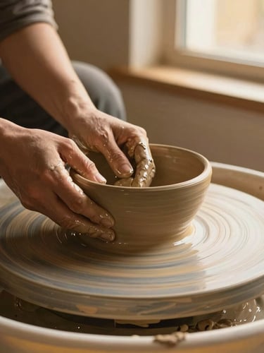 Hands shaping a wet clay bowl on a pottery wheel, warm golden-hour window light, tactile ceramic textures, 35mm