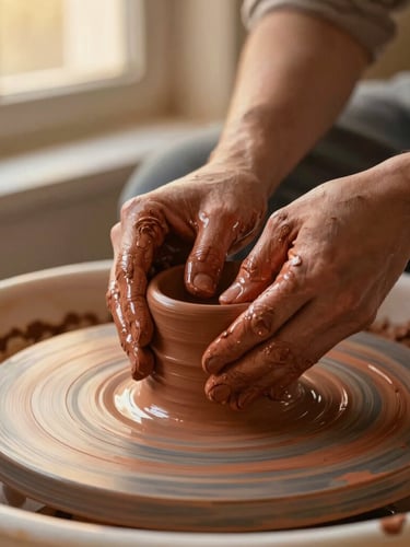 Close-up of hands shaping wet clay on a spinning pottery wheel, rich terracotta mud splattering softly, warm golden-hour window light, shallow depth of field