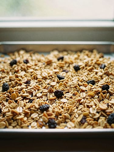 Overhead flat-lay of golden baked granola cooling on a metal sheet pan, warm morning window light, earthy tones, 35mm film