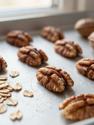 Macro close-up of whole pecans and rolled oats scattered on a baking sheet, soft morning window light, warm editorial photography style.
