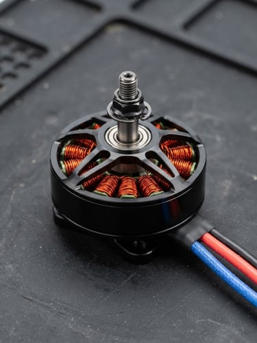 Macro close-up of a high-performance brushless drone motor resting on a black anti-static work mat, bright high-key studio lighting, copper wiring visible, ultra-detailed