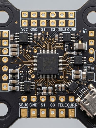 Macro close-up of a high-performance FPV drone flight controller board, showing gold-plated solder pads and microchips on a matte black PCB, bright technical studio lighting
