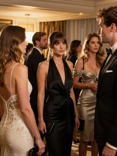 A high-fashion VIP crowd candid in a low-light luxury suite, warm gold backlighting
