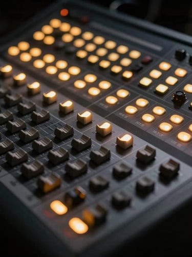 Close-up of professional concert soundboard and lighting console, glowing gold indicators, dark background, shallow depth of field