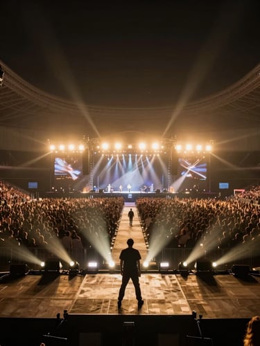 Wide-angle view of a massive arena concert stage from behind the artist, dramatic gold spotlights cutting through deep shadows, huge crowd silhouettes, high-end stage production.