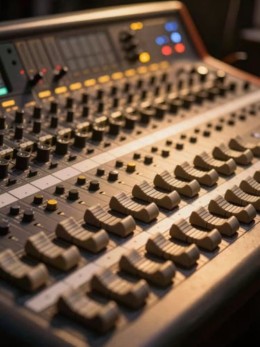 Close-up of high-end stage production details, warm gold backlighting on intricate audio mixing consoles, deep shadows.