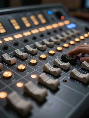Close-up of a high-end soundboard with glowing gold indicators in a dark control booth