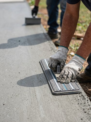 Close-up documentary shot of a concrete driveway edge freshly poured and finished in Columbus Georgia, crew member's gloved hands smoothing the surface with a float tool, natural daylight, strong shadow contrast