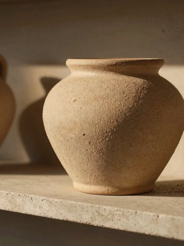 Close-up of textured South African ceramic vessels on a minimalist concrete shelf, warm low-angle golden hour light, soft shadows.