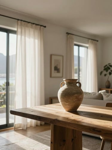 A bright, sun-drenched Cape Town living room with high ceilings, featuring a textured clay vessel on a solid oak table, soft morning light filtering through linen drapes.