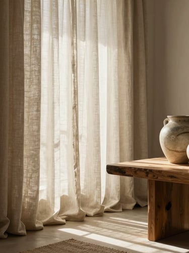 Warm morning light spilling across a beautifully styled living room in Cape Town, featuring textured linen drapes, curated local stoneware on a raw timber table, and soft shadows.