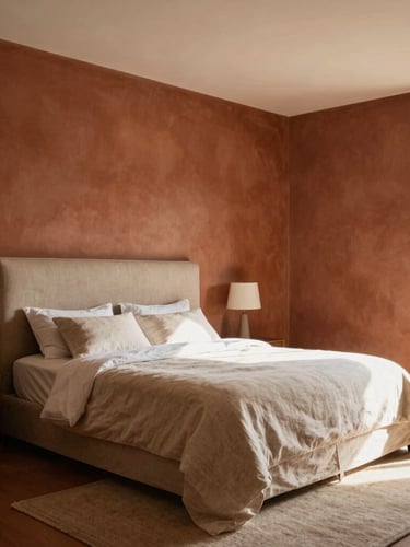 Sun-drenched heritage bedroom in Johannesburg, featuring high ceilings, a bespoke linen-upholstered bed, and warm clay plaster walls.