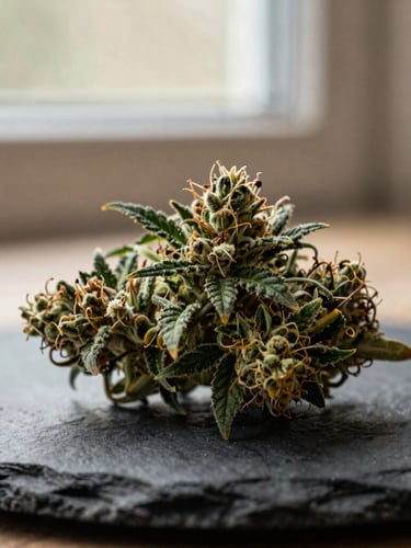Macro close-up of a vibrant trichome-rich cannabis bud resting on a dark slate stone, soft natural window light, muted forest green tones, shallow depth of field