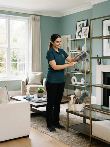 Bright editorial photography of a professional cleaner in a neat uniform carefully dusting a high-end modern living room, natural window daylight, soft teal tones, 35mm lens