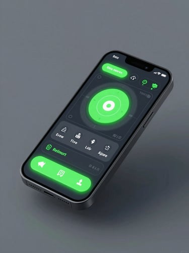 sleek 3d render of an isometric mobile device showcasing a game interface with neon green highlights and glowing buttons, dark tech aesthetic, octane render, sharp focus