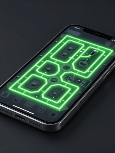 Sleek 3d render of a smartphone displaying an isometric strategy game interface, neon green glowing pathways, dark tech aesthetic, octane render, sharp focus