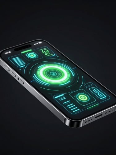 Sleek 3D render of a futuristic smartphone floating in dark space, glowing neon green and electric blue interface elements on screen, sharp focus, octane render