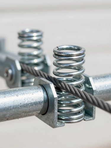 Close-up macro shot of heavy-duty galvanized steel torsion springs and cables on a garage door shaft, clean high-contrast industrial lighting, sharp focus, 35mm