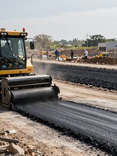 Wide environmental shot of an active road-base construction site in afternoon daylight — a paving machine lays asphalt in the foreground left, compacted gravel subbase visible in the middle ground, crew members working at distance with no faces turned toward camera, concrete grey and earthy brown tones dominate, real working conditions with dust visible in the air