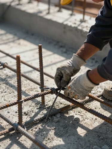 Close-up of rebar placement and wire-tie connections at a concrete pour site, late afternoon daylight casting sharp shadows across the grid pattern, a crew member's gloved hands visible mid-frame securing a tie, fresh concrete visible in the background form, no faces shown