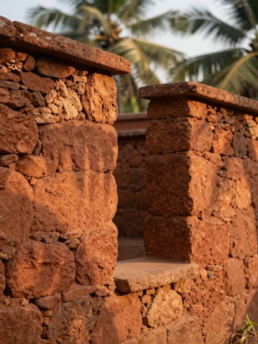 Warm editorial photography of a close-up of red laterite stone walls of a Konkan homestay, golden-hour sunlight casting palm tree shadows, earthy textures, shallow depth of field.