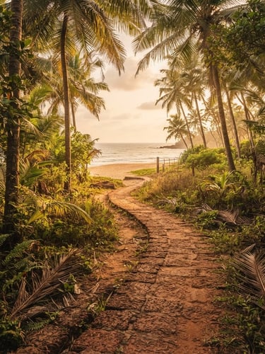 Warm golden-hour shot of a narrow red laterite stone path winding through lush coconut palms towards a quiet sandy beach, soft sunlight filtering through leaves