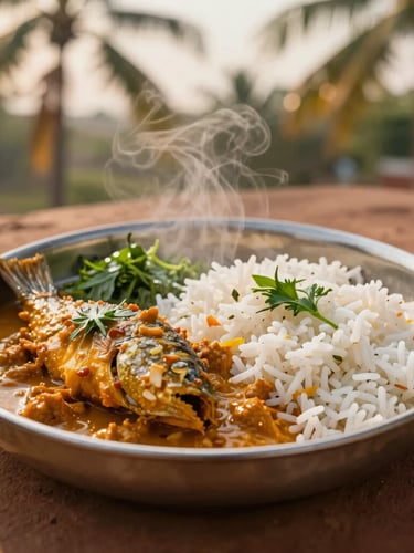 Close-up of an authentic Konkani fish thali served on a traditional metal plate, steaming rice, rich orange coconut curry, fresh herbs, warm golden lighting.