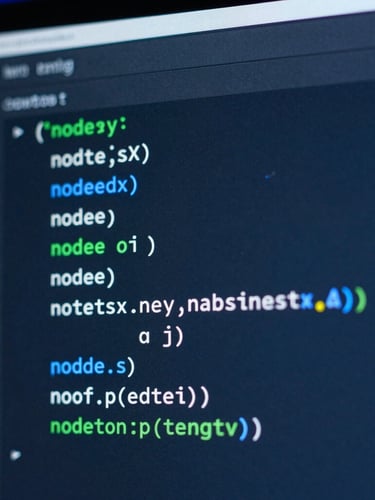 Close-up macro shot of clean Node.js code on a high-resolution screen, soft neon blue ambient backlighting, sharp focus on the syntax, dark tech aesthetic