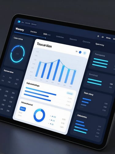 High-fidelity mockups of dark mode SaaS dashboards with glowing neon blue data visualizations on sleek bezel-less screens