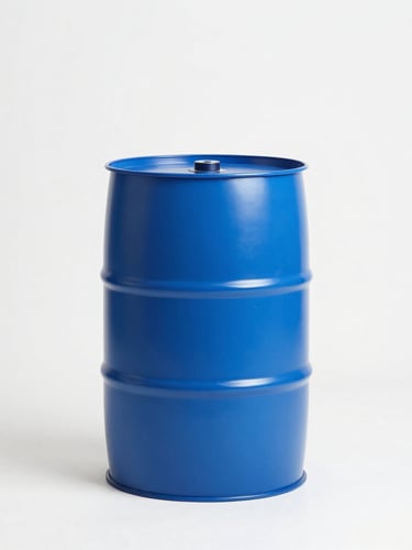 Crisp product photography of a heavy-duty blue 55-gallon water storage barrel standing upright in a clean, bright utility room, high-key studio light, sharp focus, 50mm