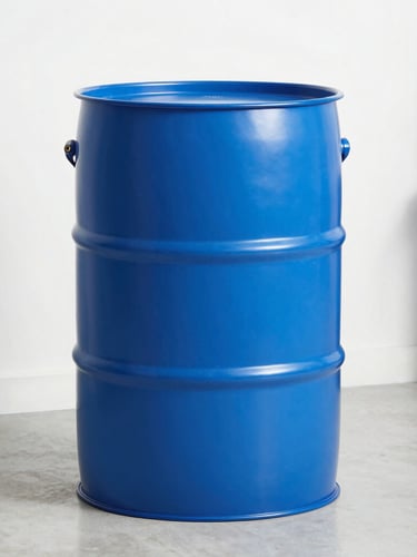 Crisp straight-on product shot of a heavy-duty blue 55-gallon water storage drum in a clean, organized utility room, bright daylight, sharp focus